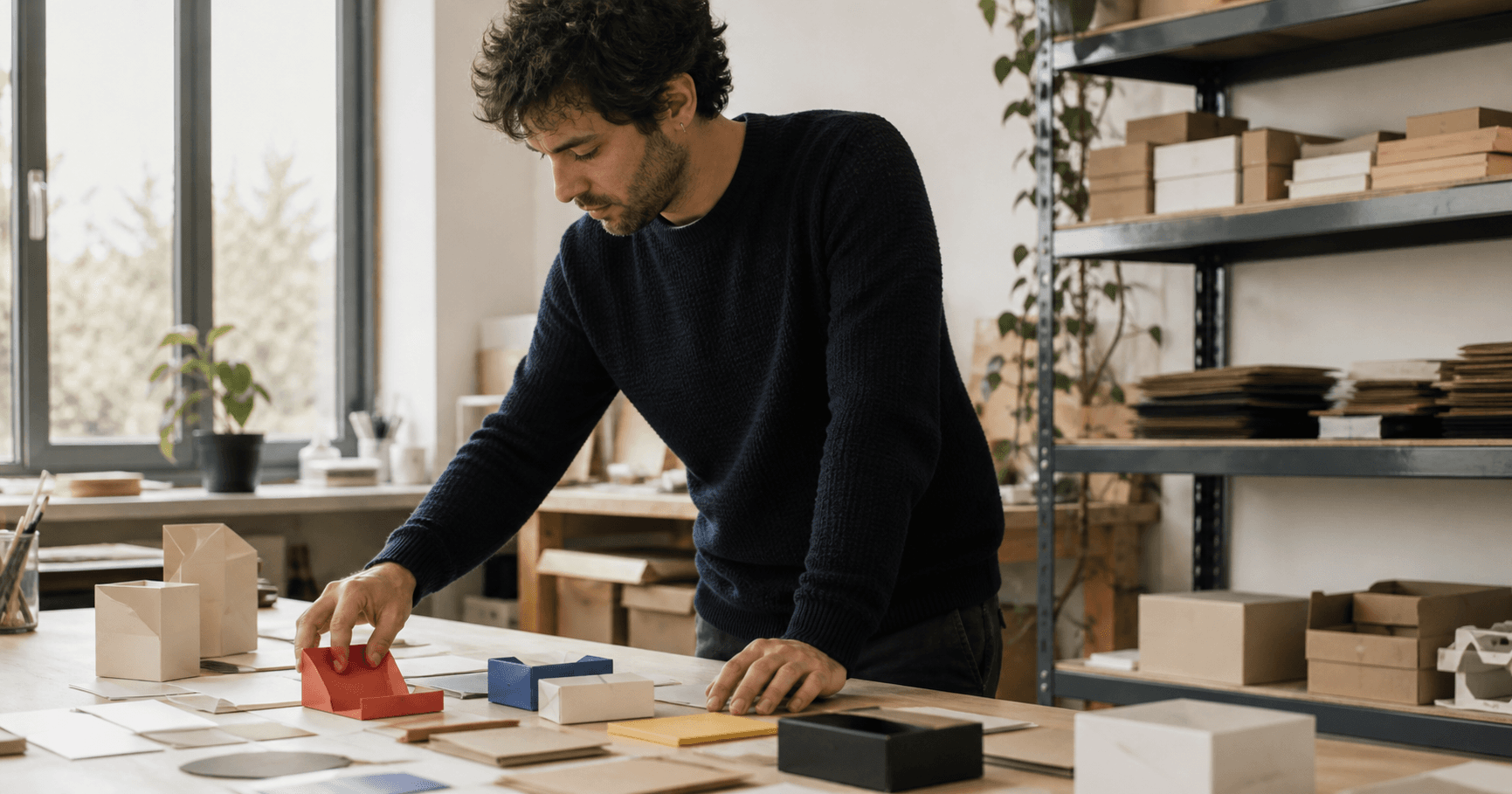 Fundador de una startup comparando prototipos de embalaje en su taller