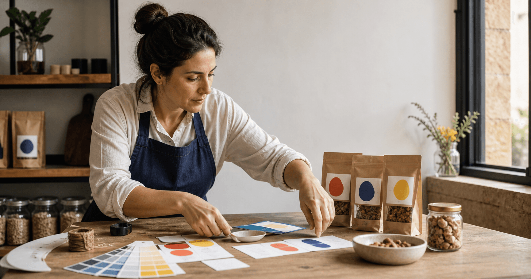 Emprendedora coordinando colores, etiquetas y envases de una nueva identidad de marca