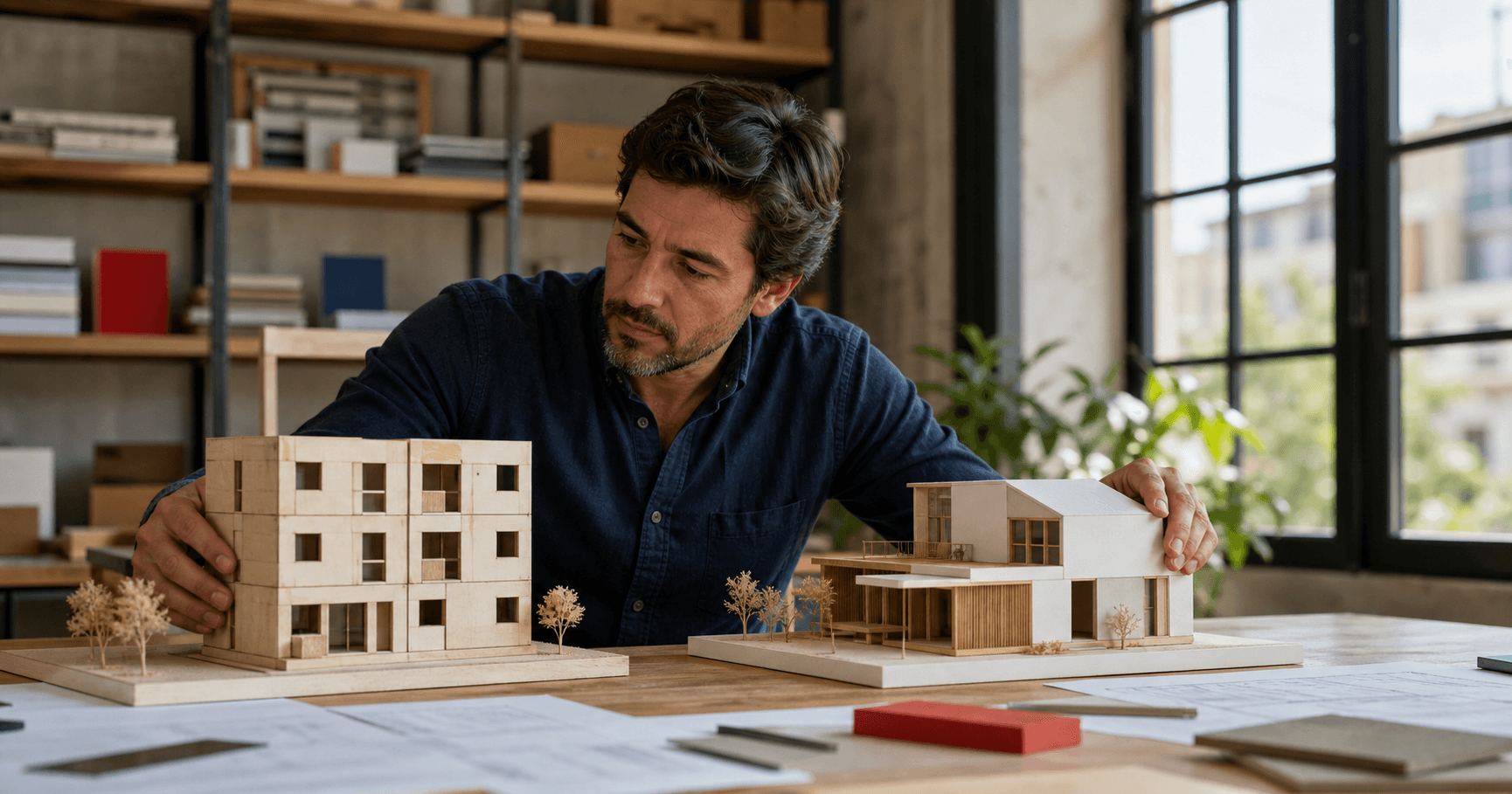 Empresario comparando una construcción modular con otra diseñada a medida