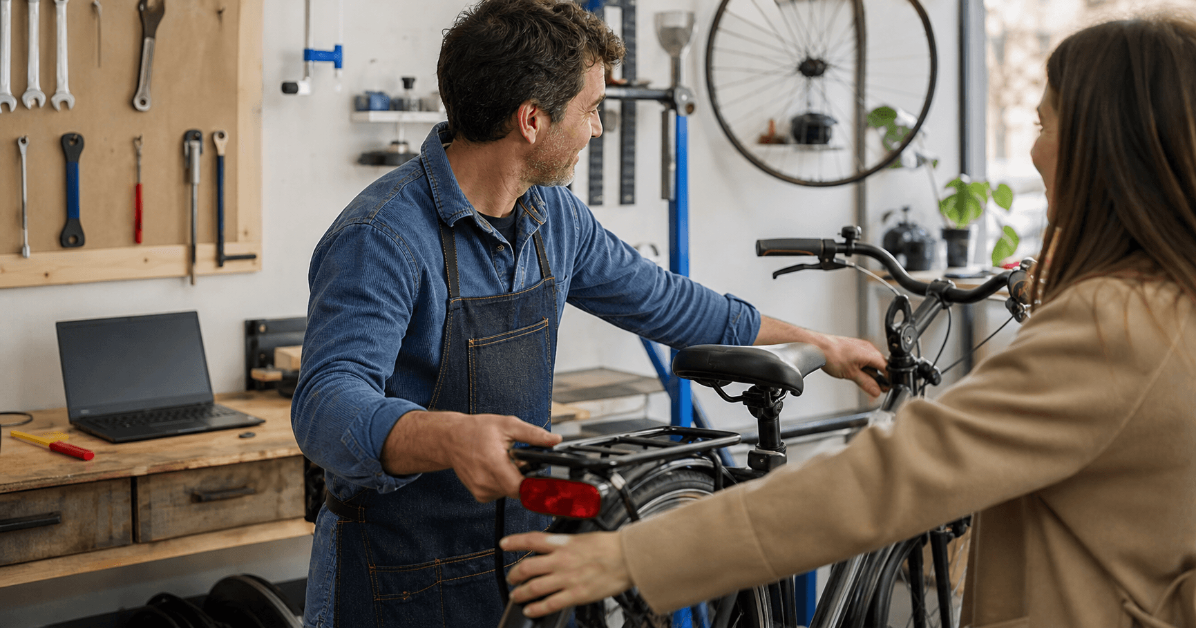 Dueño de un taller de bicicletas atendiendo a una clienta mientras automatiza tareas
