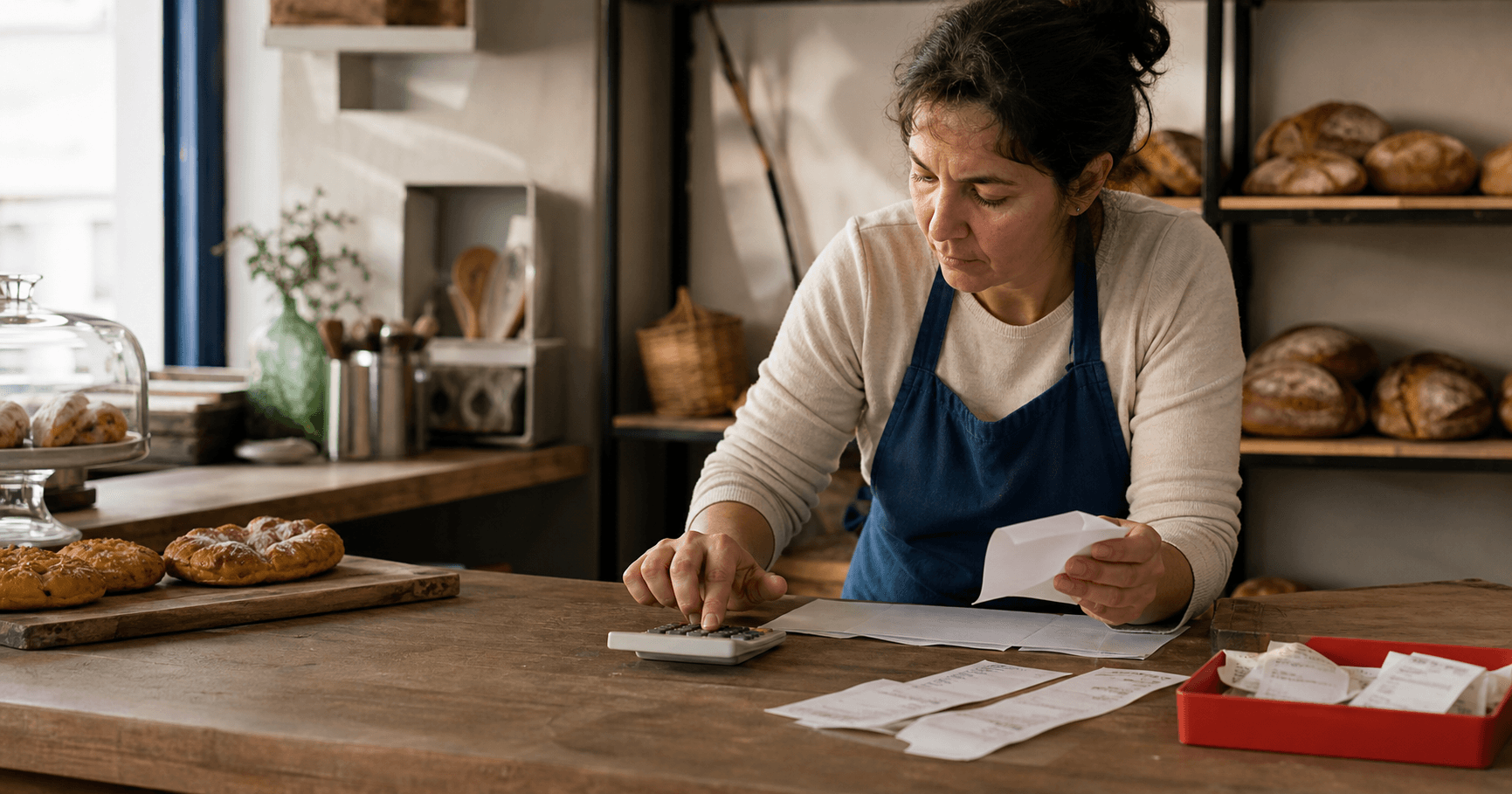Panadera calculando los costes de marketing de su pequeño negocio