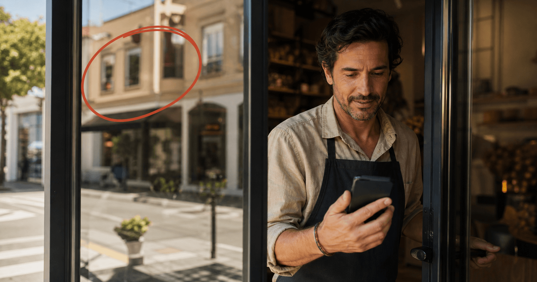 Comerciante consultando en el móvil cómo aparece su negocio en internet