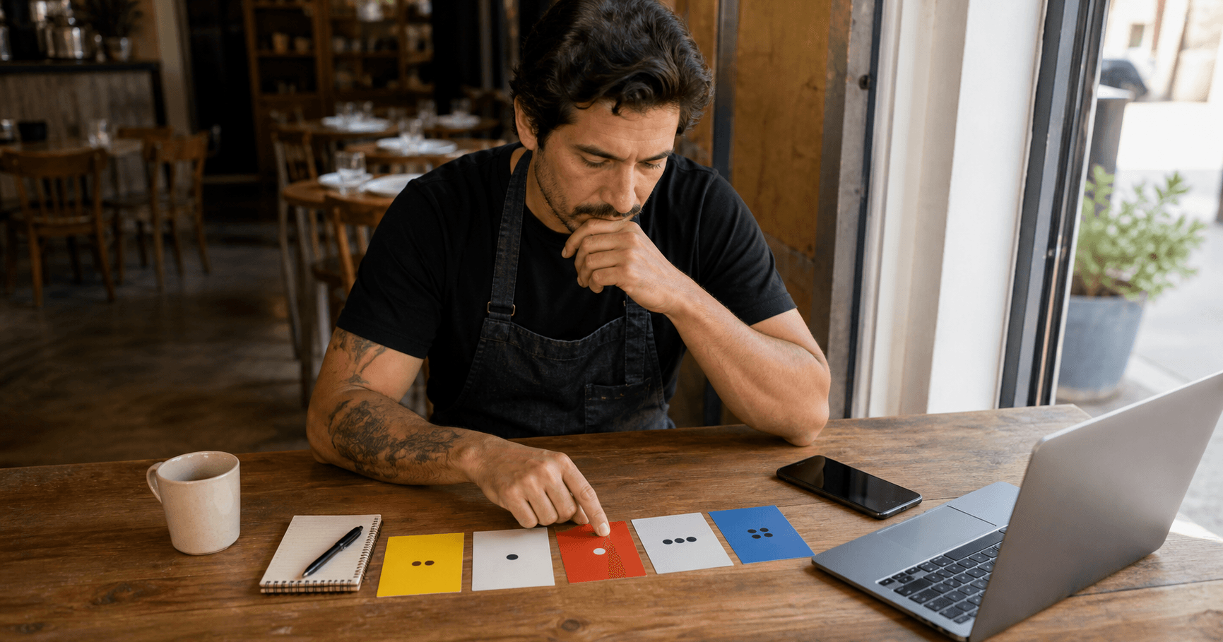 Dueño de un restaurante comparando opciones para la web de su negocio