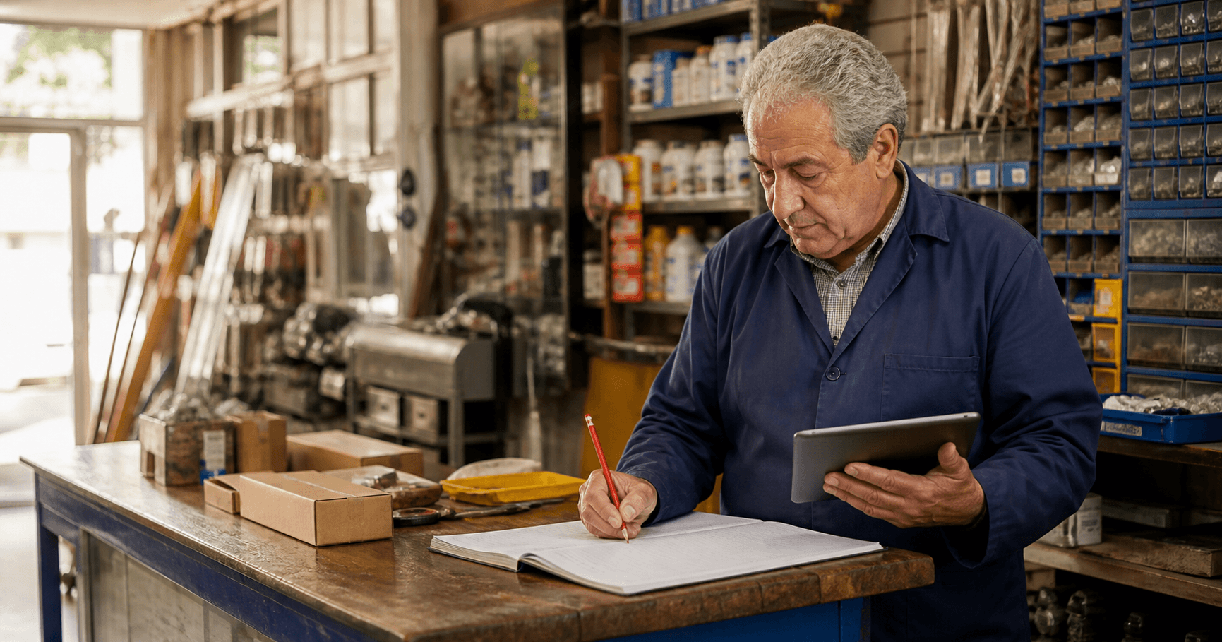 Ferretero combinando su cuaderno de siempre con una tableta digital