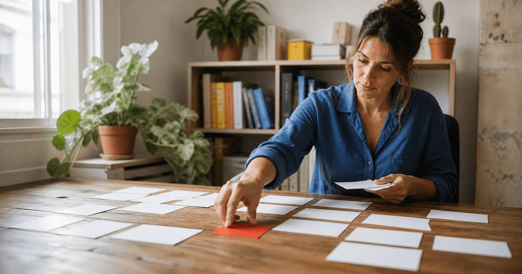 Profesional organizando muchas tarjetas de información para obtener una respuesta clara