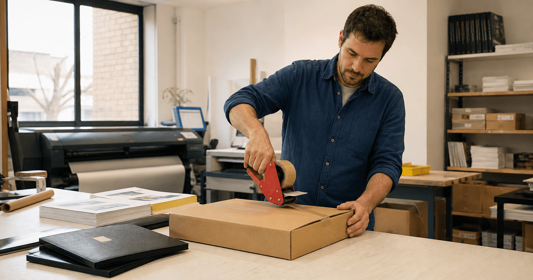 Impresor preparando un pedido sin marca para entregarlo a otra empresa