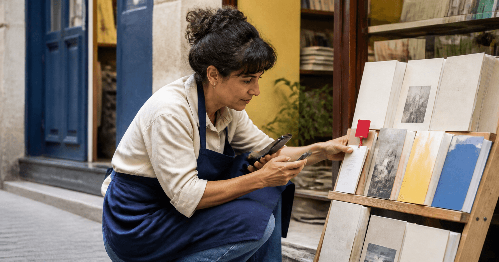 Librera revisando con el móvil la visibilidad de los productos de su tienda