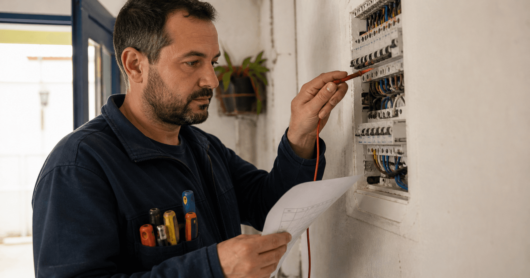 Electricista revisando una instalación con una lista de comprobación