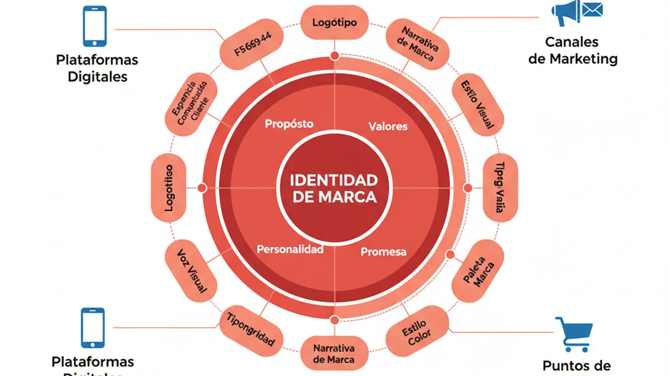 Diagrama conc�ntrico de las capas del branding, desde la identidad central hasta elementos t�cticos.