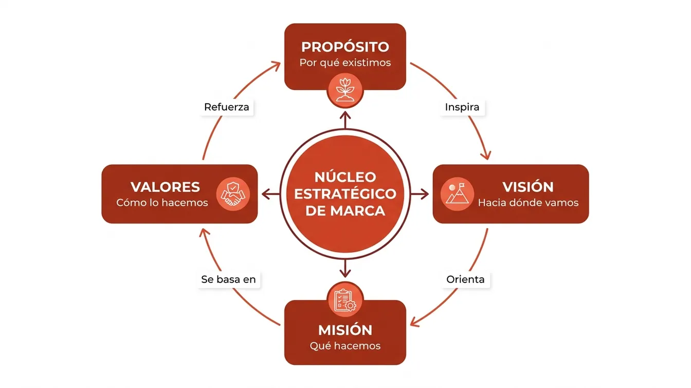 Diagrama del Núcleo Estratégico de Marca: Propósito, Visión, Misión y Valores interconectados en un ciclo.