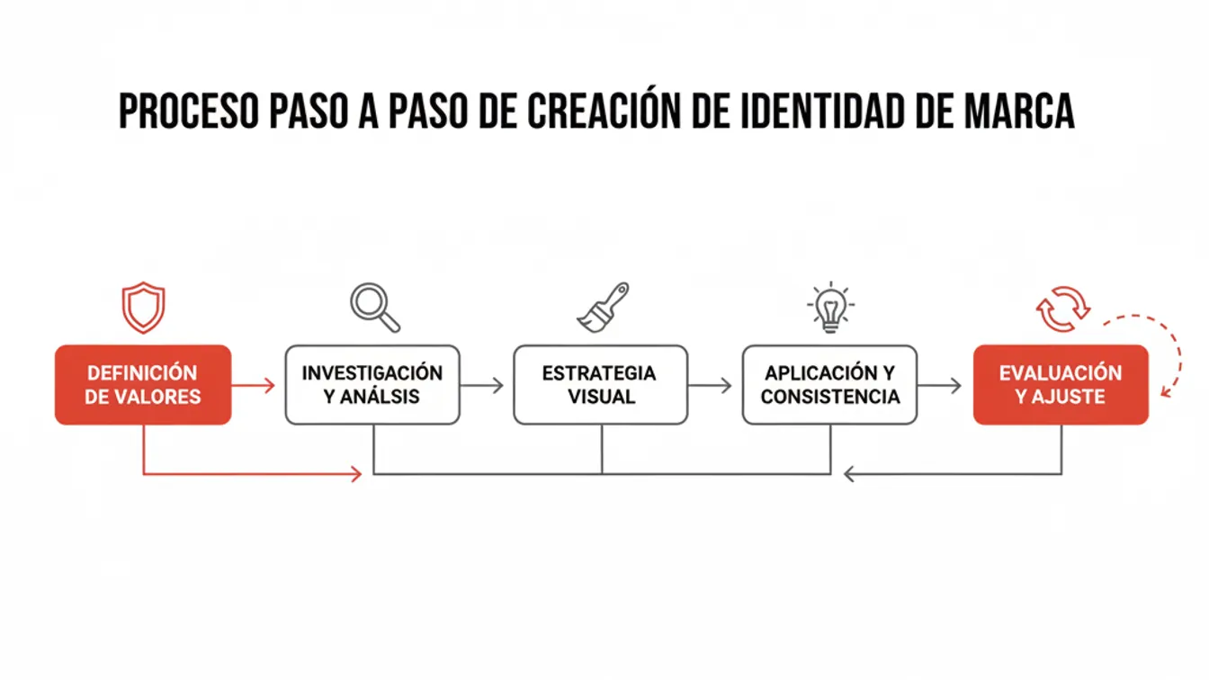 Diagrama de flujo del proceso de creación de identidad de marca, desde la definición de valores hasta la evaluación y ajuste.