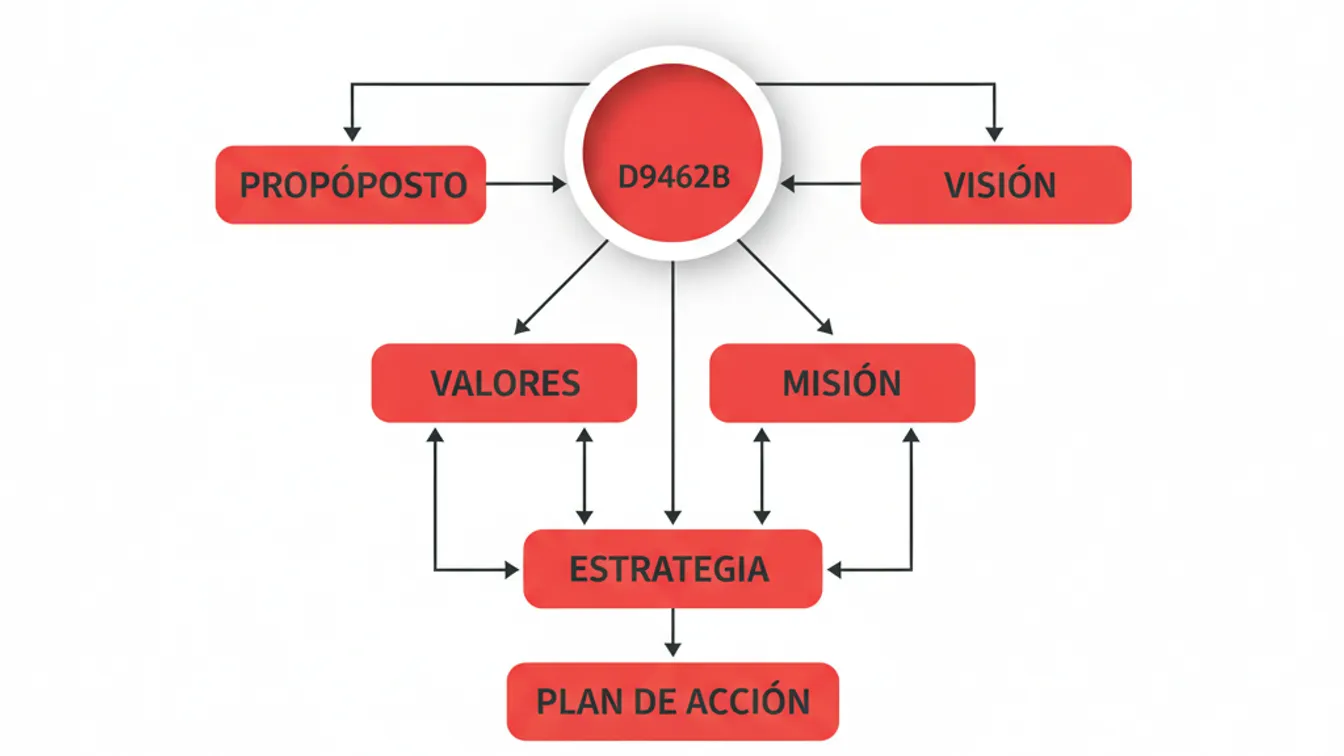 Diagrama de los pilares del núcleo estratégico de marca: Propósito, Visión, Valores y Misión, conectados a Estrategia y Plan de Acción.