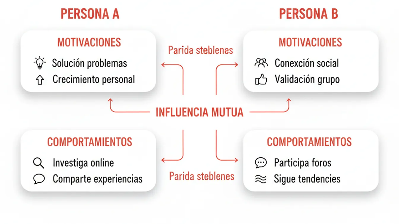Diagrama de la estructura del buyer persona ideal, comparando motivaciones y comportamientos de dos personas con influencia mutua.